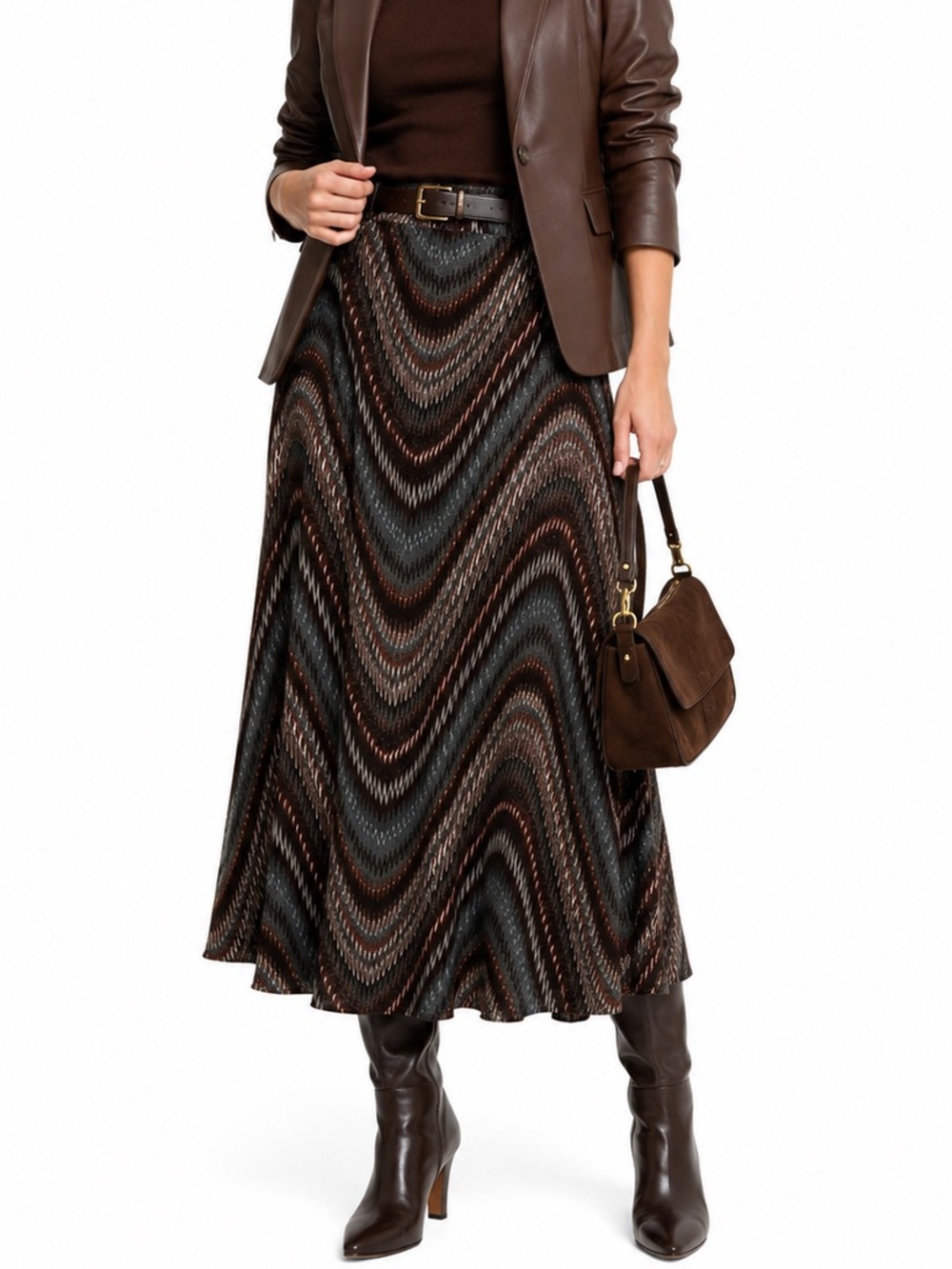 Metro Wear Flowly Midi Skirt flowy with Zigzag Chevron Boho Neutral Pattern